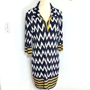 Mlle Gabrielle Black & White Zigzag Dress with Gold Stripe Accents, Size XL